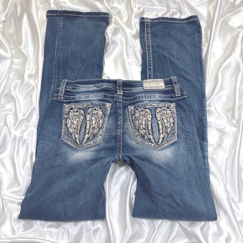 y2k Miss Me Jeans Blue Good Angel Wing Rhinestone Embellished Bootcut 29